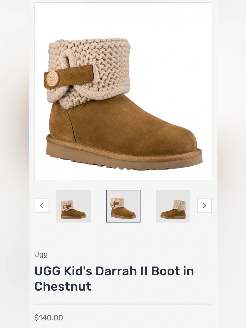 UGG Kids Darrah Chestnut Suede Knit-Cuff Boots Size 4 Youth